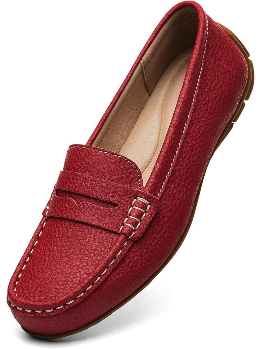 Women's Red Comfortable Lightweight Leather Penny Slip On Loafer Flat Shoes